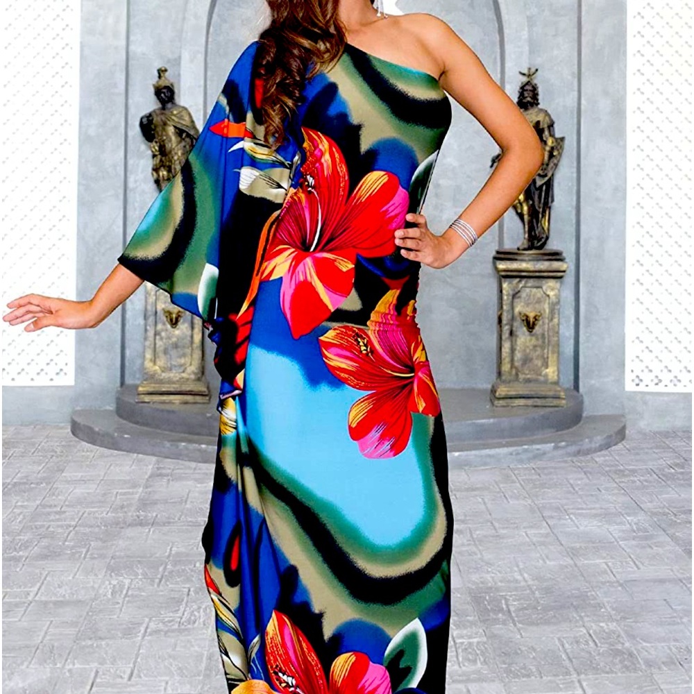 KOH KOH Long One Shoulder Hawaiian Flower Print Cocktail Maxi Dress Gown-